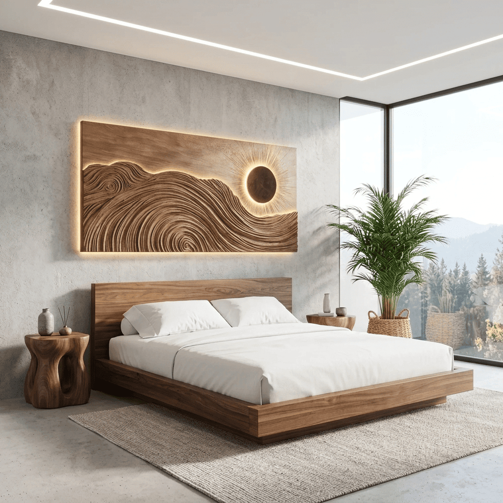 Handgeschnitztes Wandkunstpaneel aus Massivholz im fließenden Wellendesign mit LED-Hintergrundbeleuchtung für zeitgenössische Räume