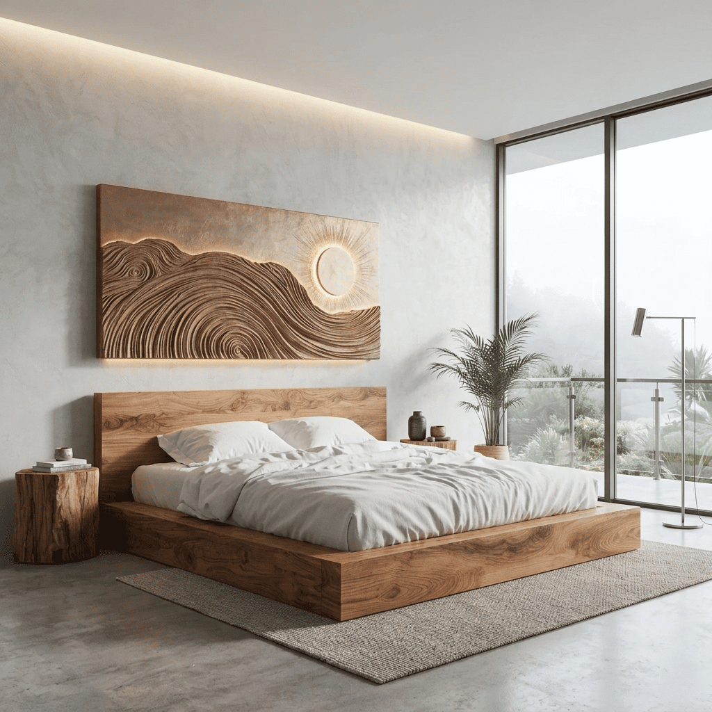 Skulpturale Wandkunst aus Massivholz mit Wellenschnitzerei und Eklipse-Beleuchtung für stilvolle moderne Interieurs