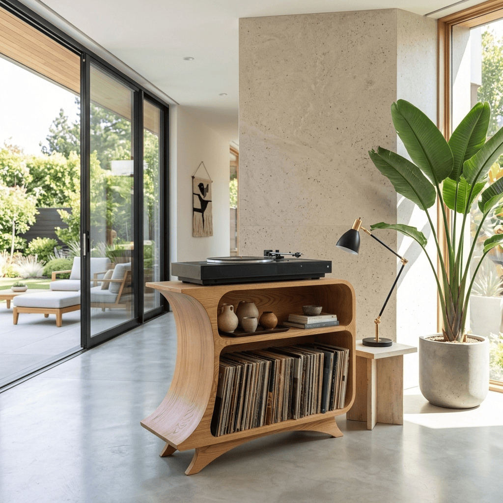 Skulpturaler Vinyl-Plattenschrank aus Massivholz, präsentiert in einem eleganten Wohninterieur