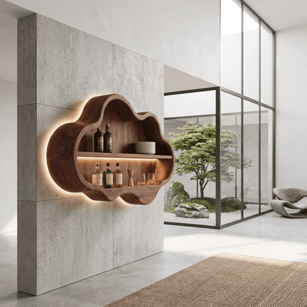 Skulpturaler Wolken-Barschrank aus Massivholz mit integrierter LED-Beleuchtung für stilvolle Hausbar-Interieurs