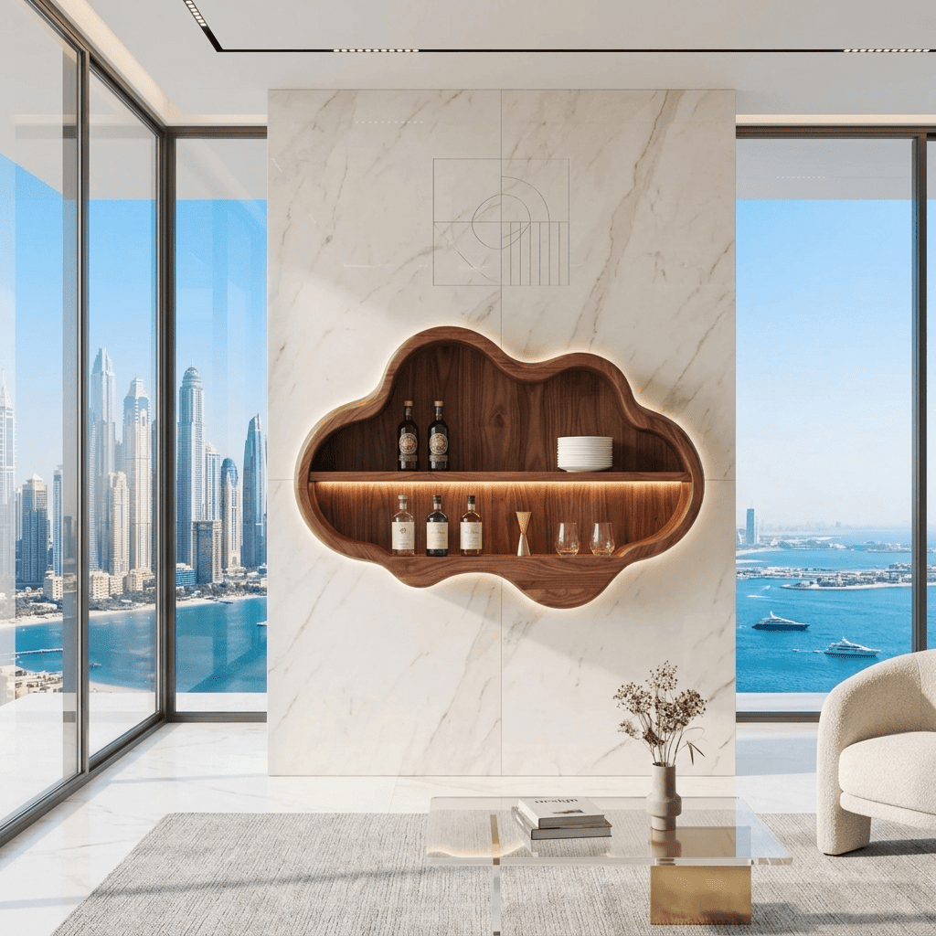 Wandbarschrank aus Massivholz im skulpturalen Wolkendesign mit hinterleuchteter LED-Beleuchtung für moderne Interieurs