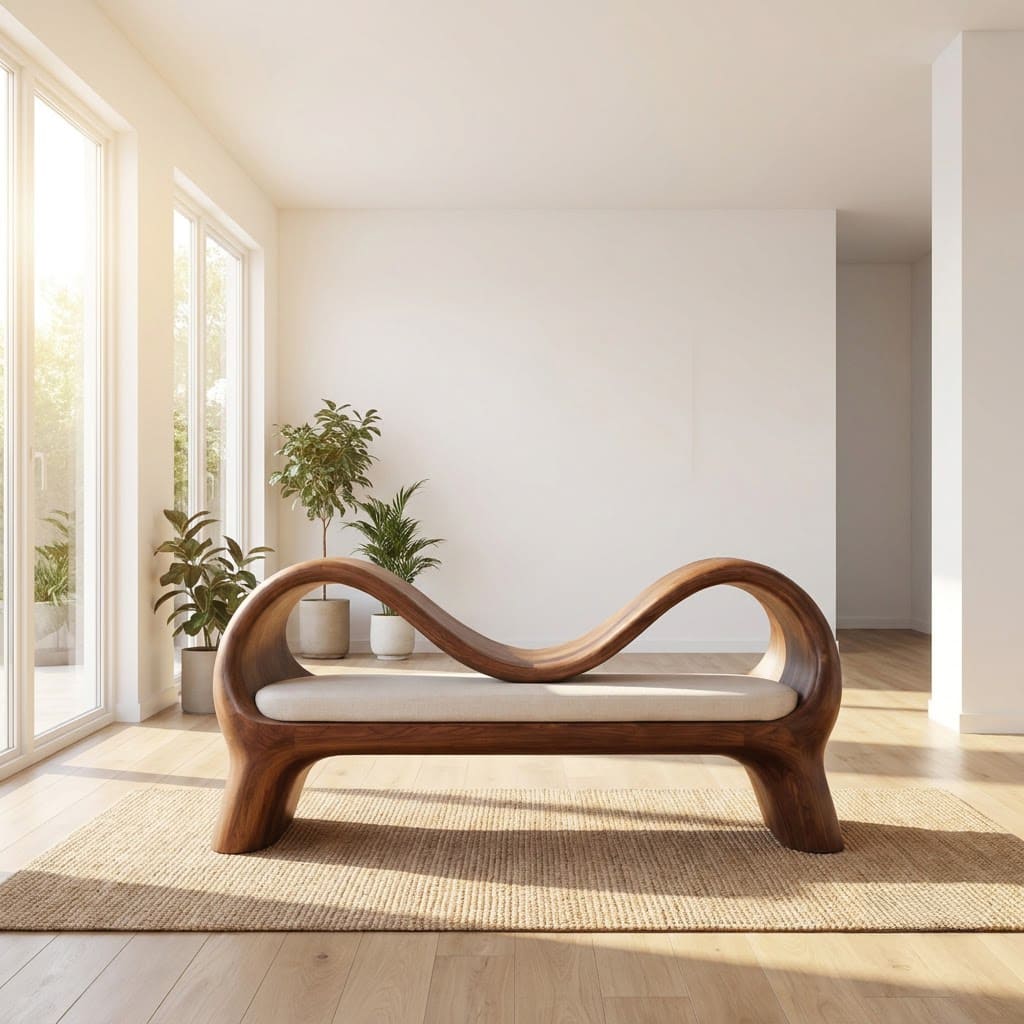 Handgefertigte Eingangsbank aus Massivholz, gestylt in einem modernen Foyer
