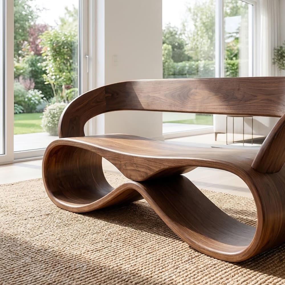 Handgefertigtes geschwungenes Sofa aus Massivholz