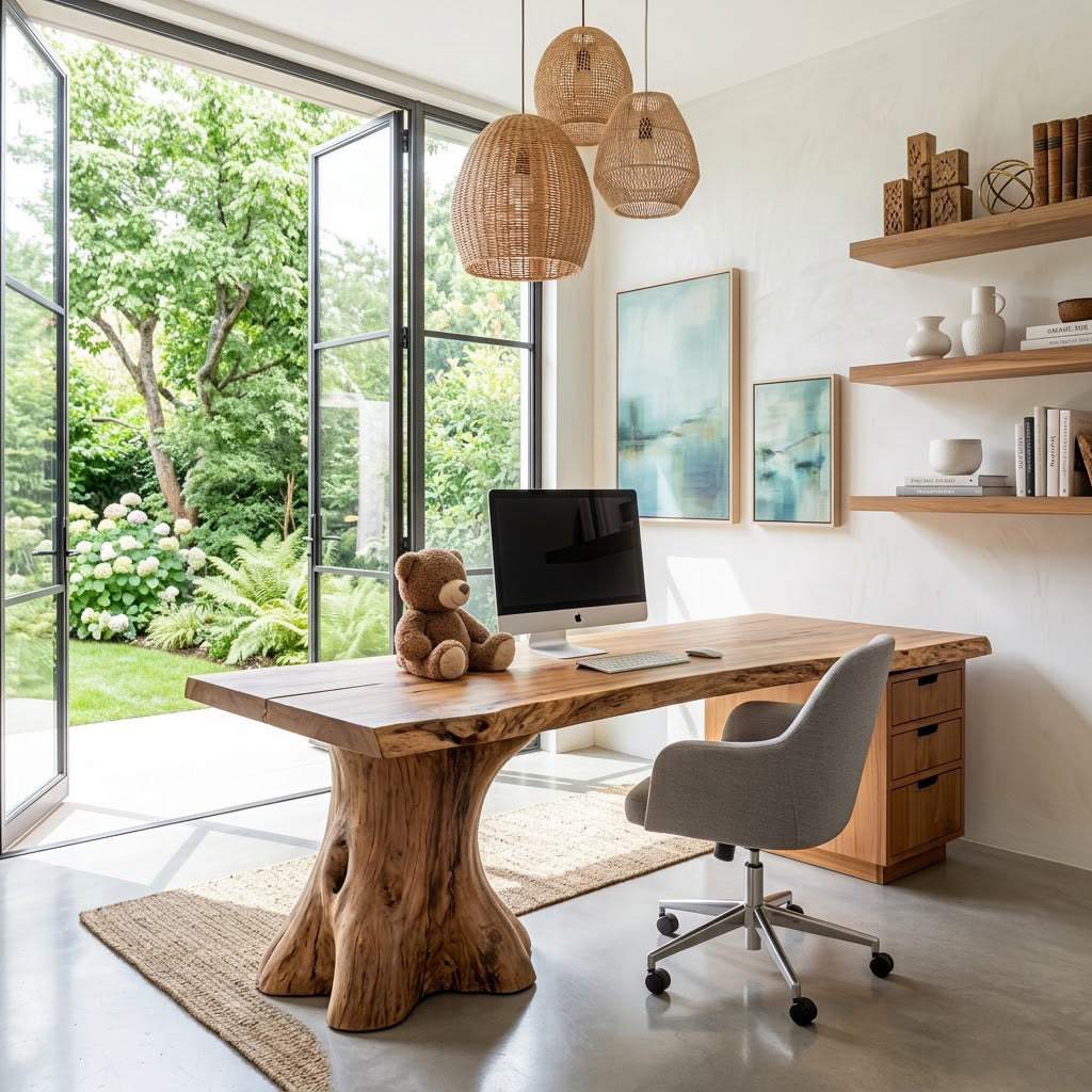 Skulpturaler Baumstamm-Schreibtisch aus Massivholz, präsentiert in einem zeitgenössischen Arbeitsbereich