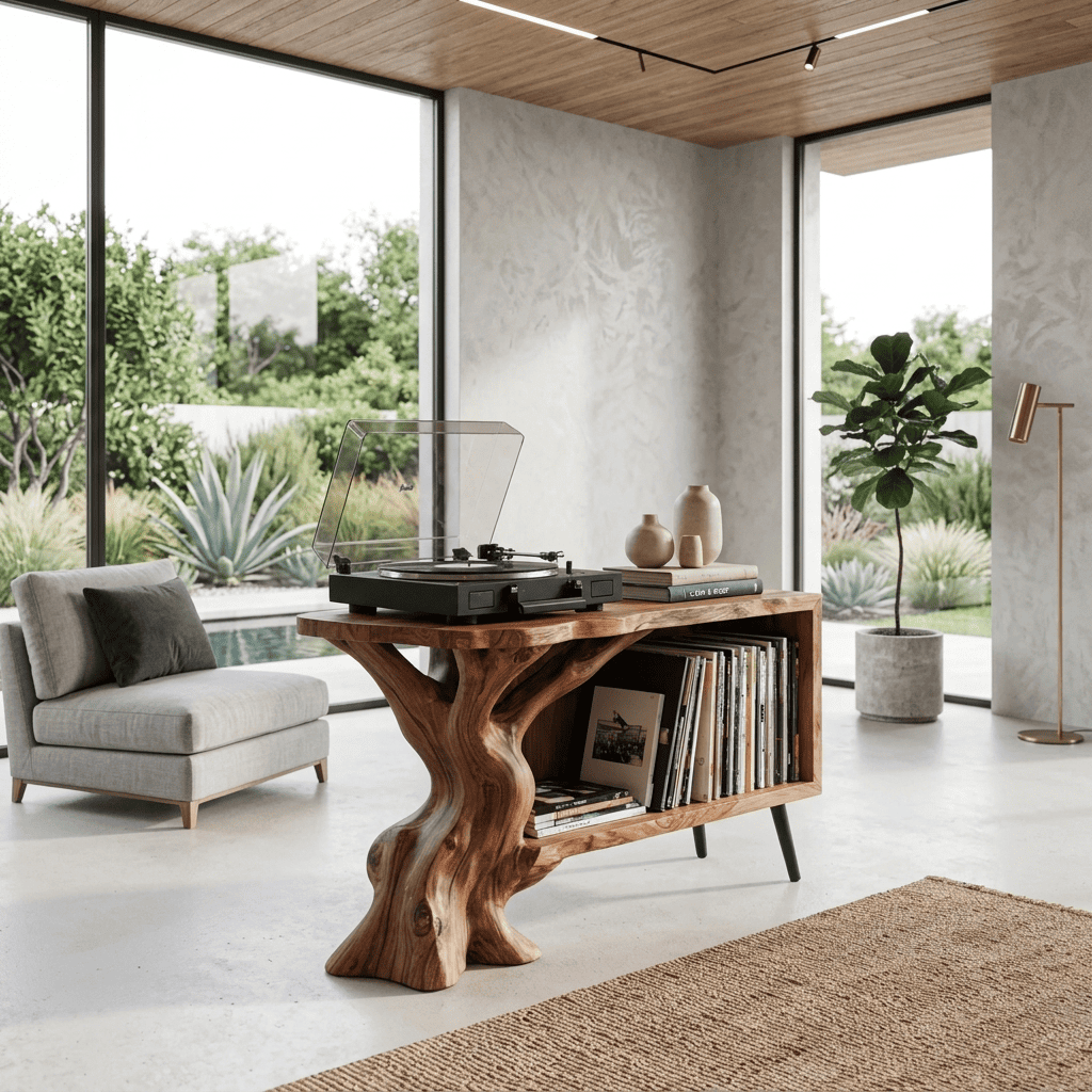 Rustikaler Baumkanten-Vinylständer aus Massivholz, der eine elegante offene Wohnung aufwertet