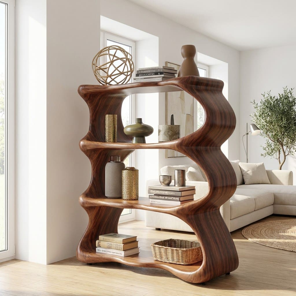 Skulpturales organisches Schauregal aus Massivholz im welligen Design