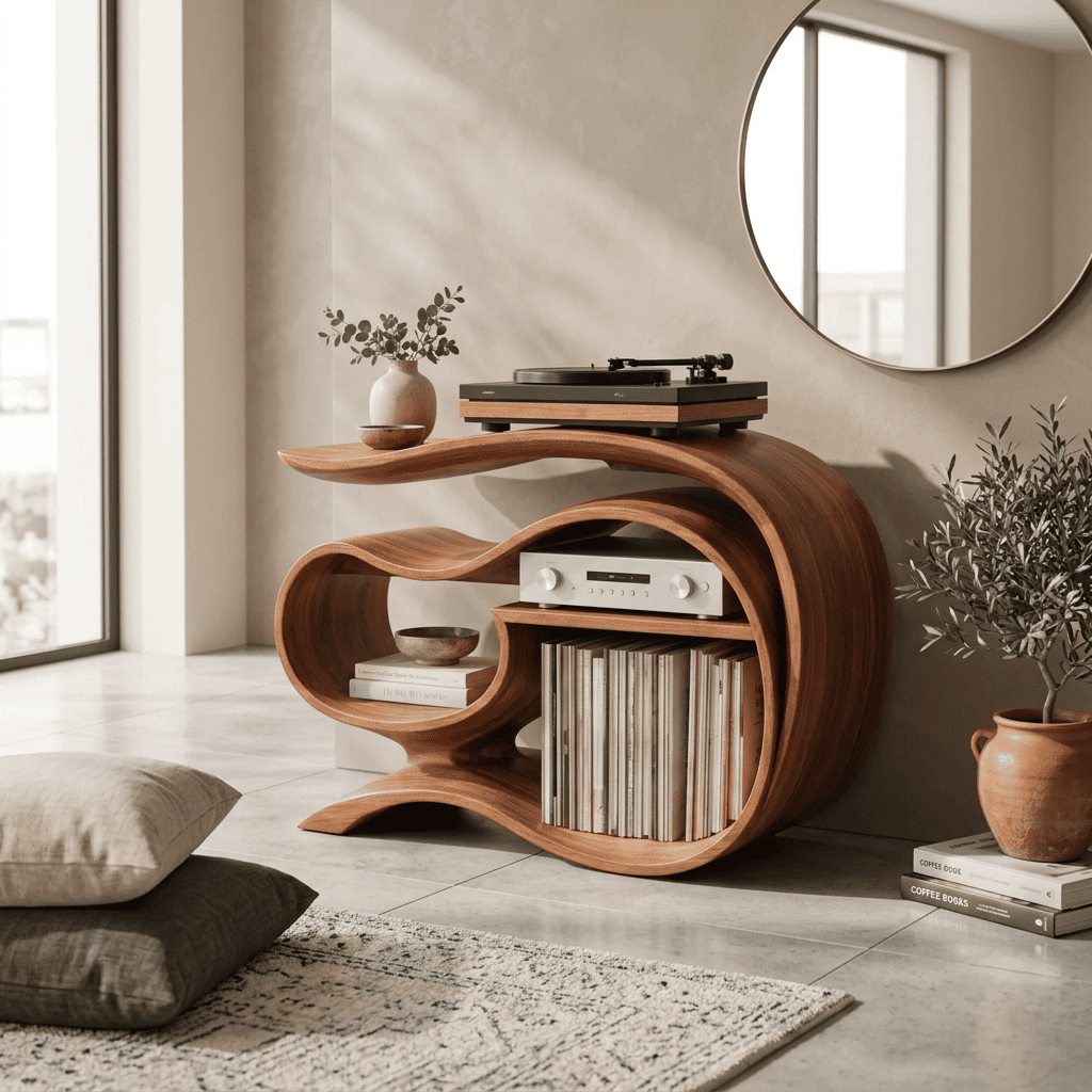 Künstlerische Band-Medienkonsole aus Massivholz, die einen minimalistischen Unterhaltungsbereich aufwertet