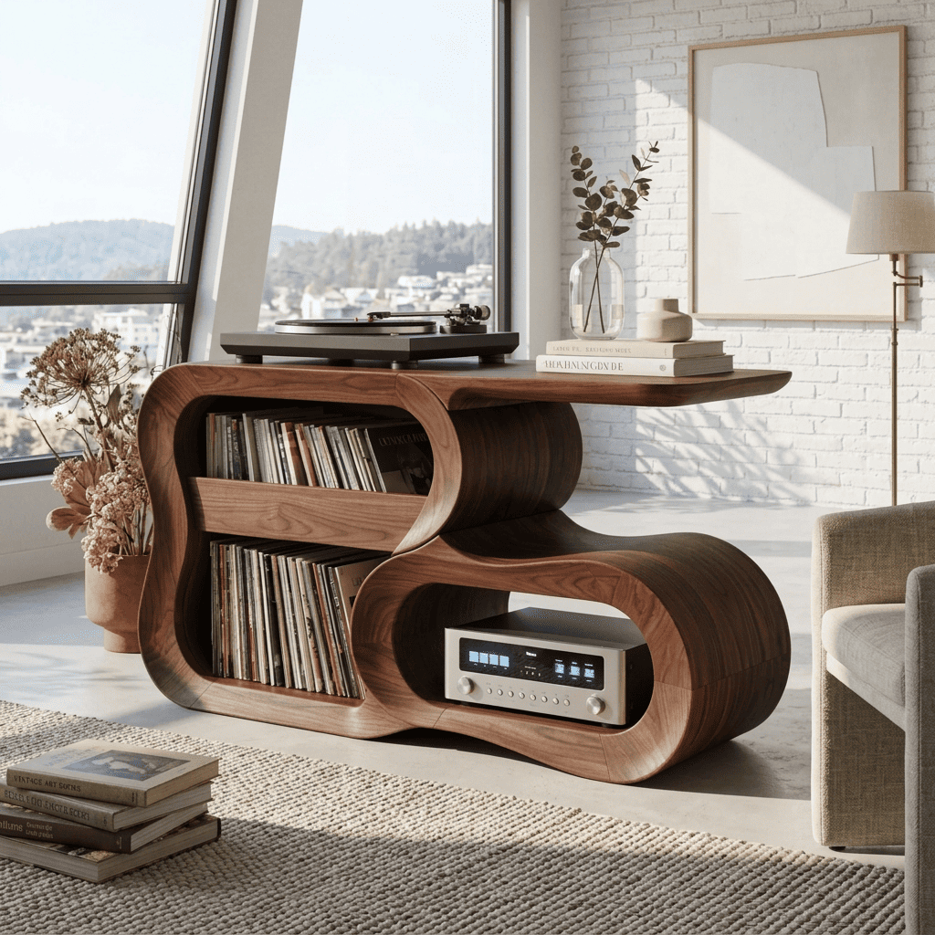 Handgefertigter Vinyl-Plattenständer aus Massivholz, gestylt in einem modernen Hörraum