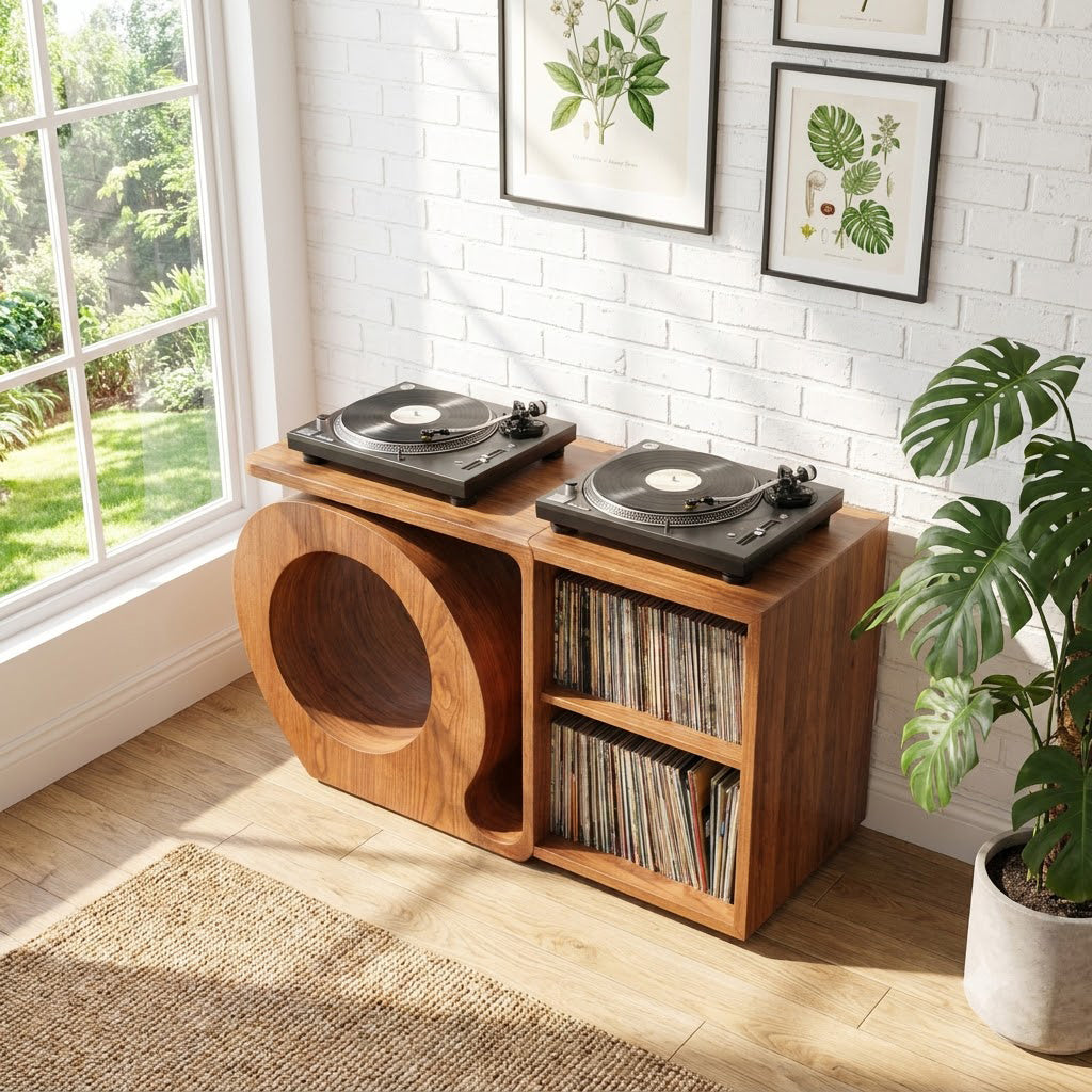 Skulpturale Vinyl-Aufbewahrungskonsole aus Massivholz
