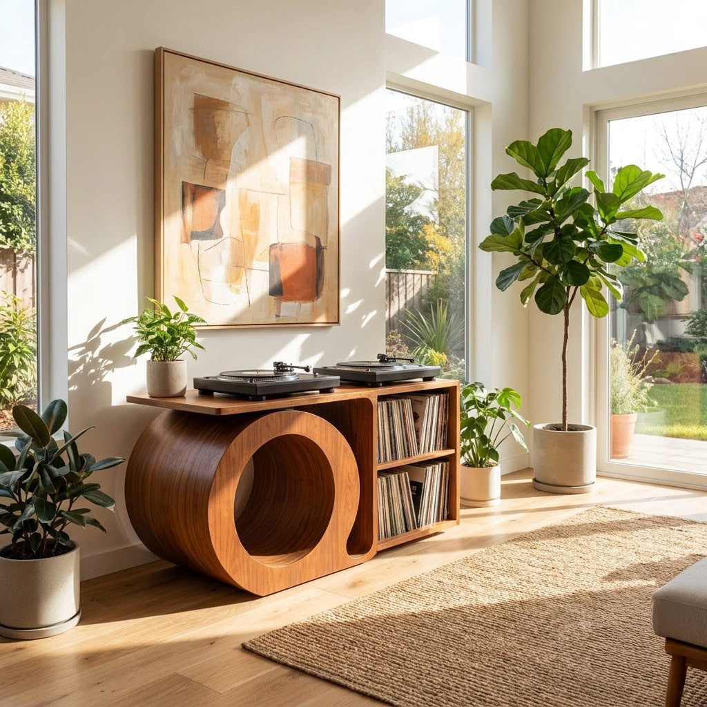 Skulpturale Vinyl-Aufbewahrungskonsole aus Massivholz in einem zeitgenössischen Wohnzimmer