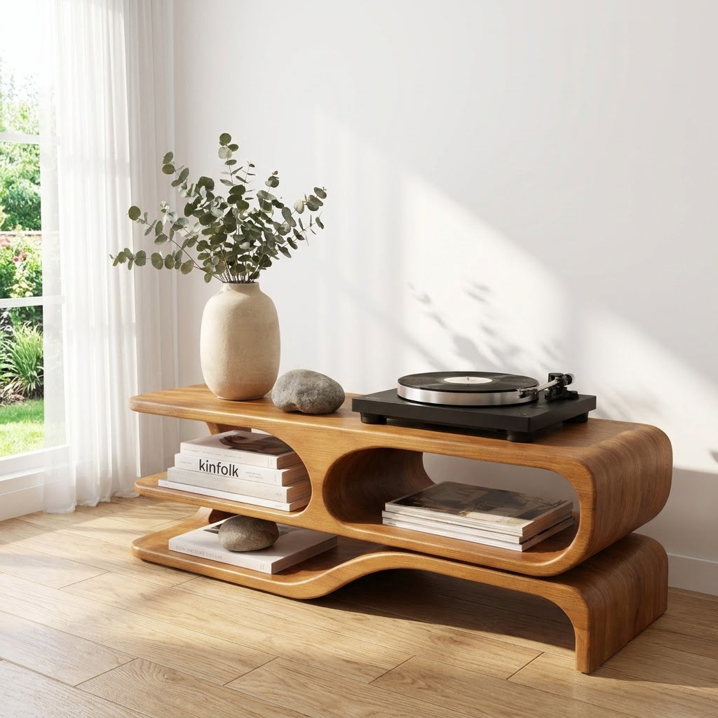 Künstlerische Wellen-Audiokonsole aus Massivholz, die einen minimalistischen Unterhaltungsbereich aufwertet