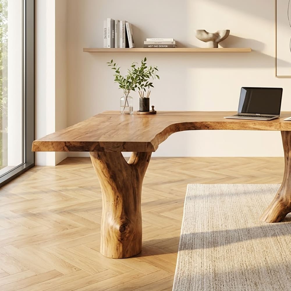 L-förmiger Baumkanten-Chefschreibtisch aus Massivholz mit Baumstamm-Säulenbeinen