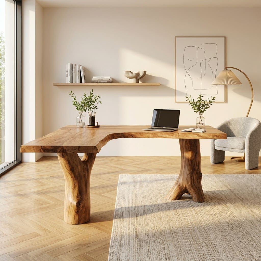 Baumkanten-Chefschreibtisch aus Massivholz im L-förmigen Design mit Baumstammbeinen für stilvolle Büroeinrichtungen