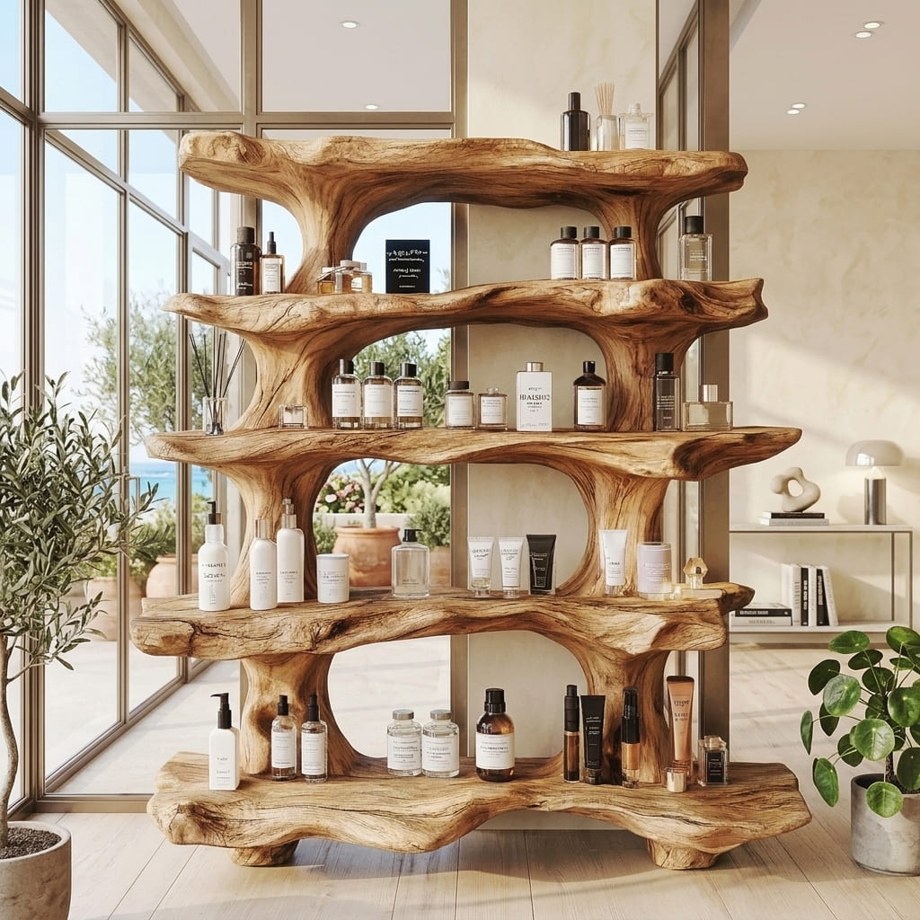Handgemachtes Baumkanten-Schauregal in einem luxuriösen Beauty-Bereich