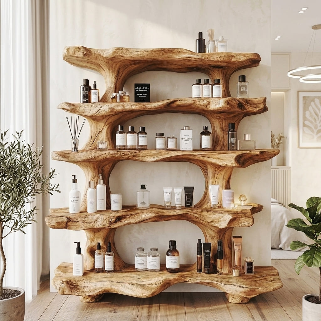 Organischer Baumkanten-Präsentationsständer, der künstlerisches Design und praktischen Stauraum für Beauty-Produkte verbindet