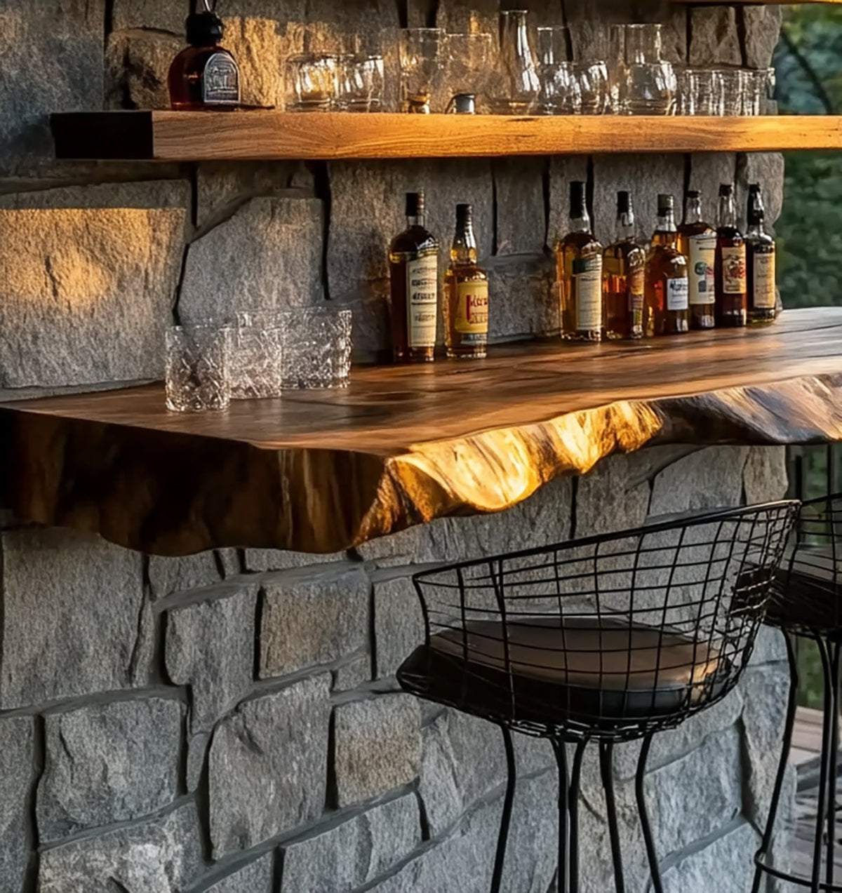 Whiskybar aus Massivholz mit natürlichem Baumkanten-Detail
