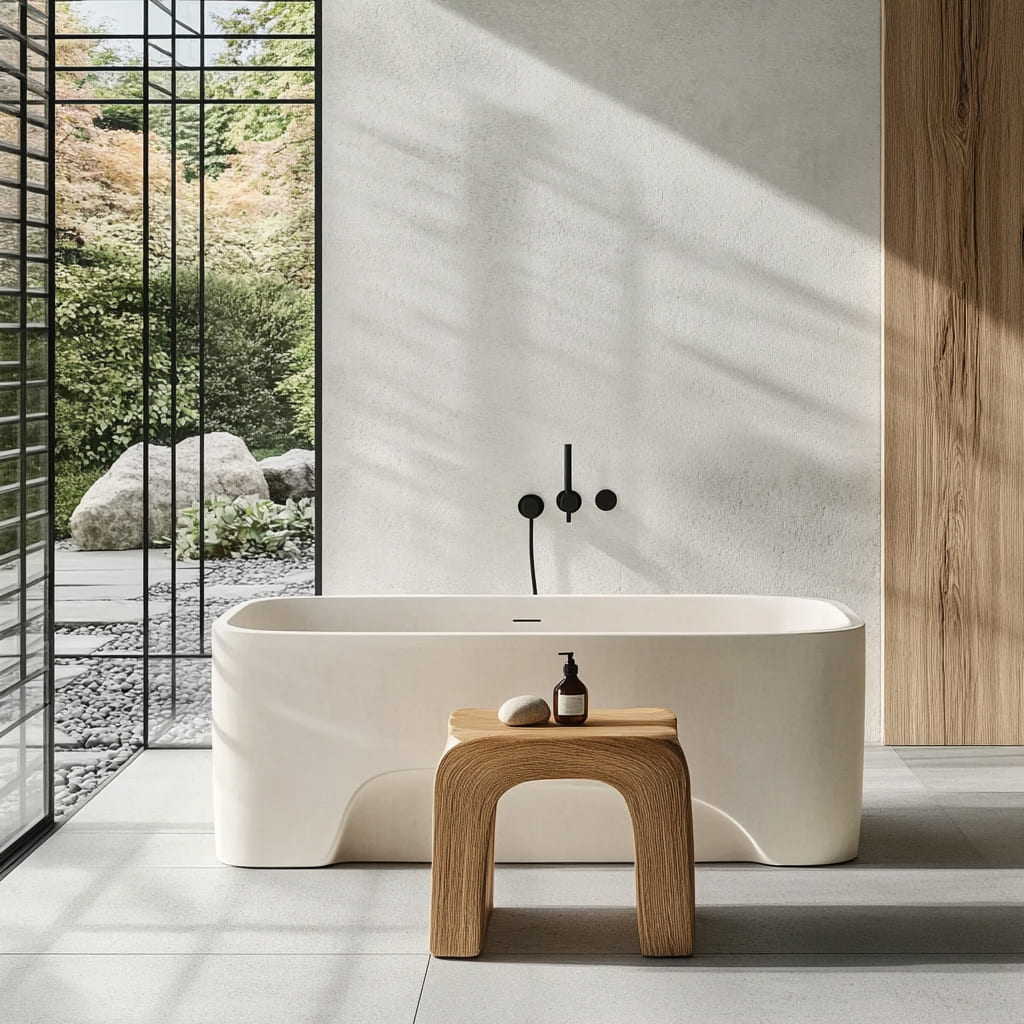 Japandi-Baumkanten-Duschhocker neben einer freistehenden Badewanne in einem minimalistischen Badezimmer