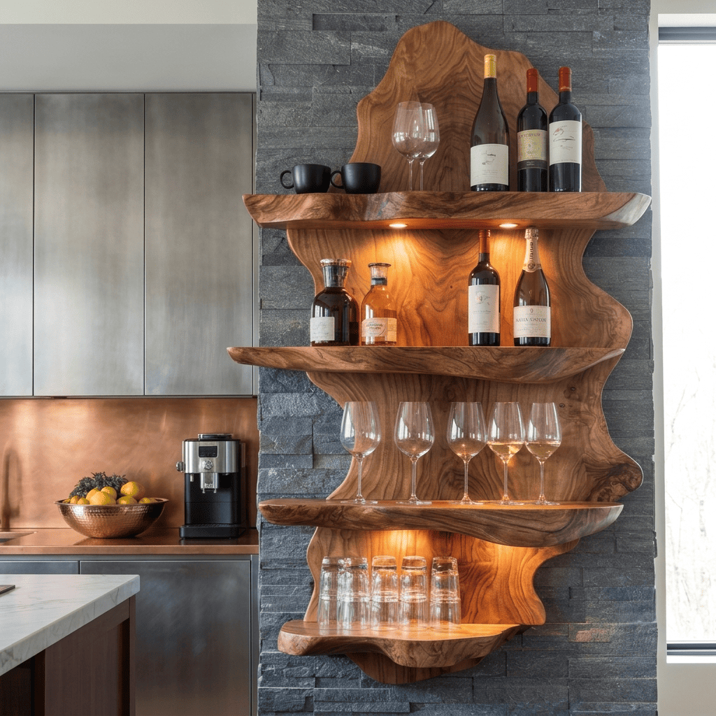 Skulpturales Baumkanten-Wandweinregal aus Massivholz mit Gläserregal und LED-Spots für moderne Esszimmer
