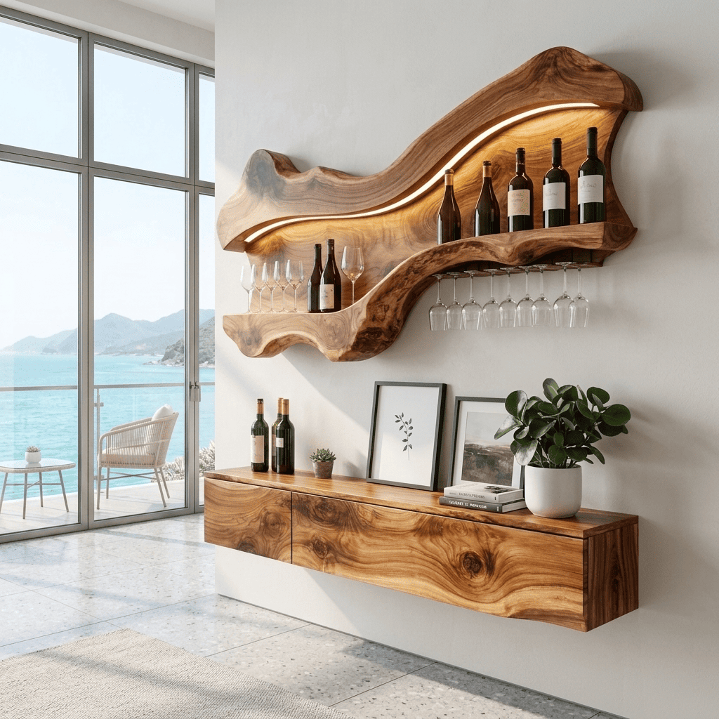 Skulpturales Baumkanten-Weinregal aus Massivholz mit LED-Beleuchtung, gestylt in einem modernen Esszimmer
