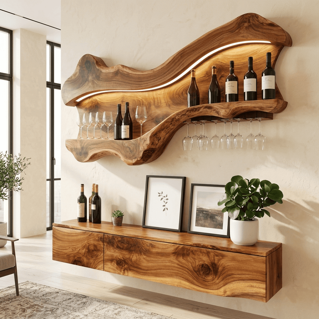 Rustikales hinterleuchtetes Weinschauregal aus Massivholz in einer eleganten offenen Küche
