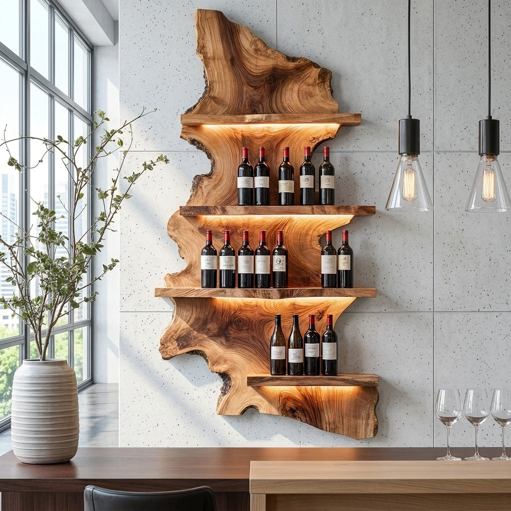 Weinregal aus Naturholz, das einen eleganten Bewirtungsbereich schafft