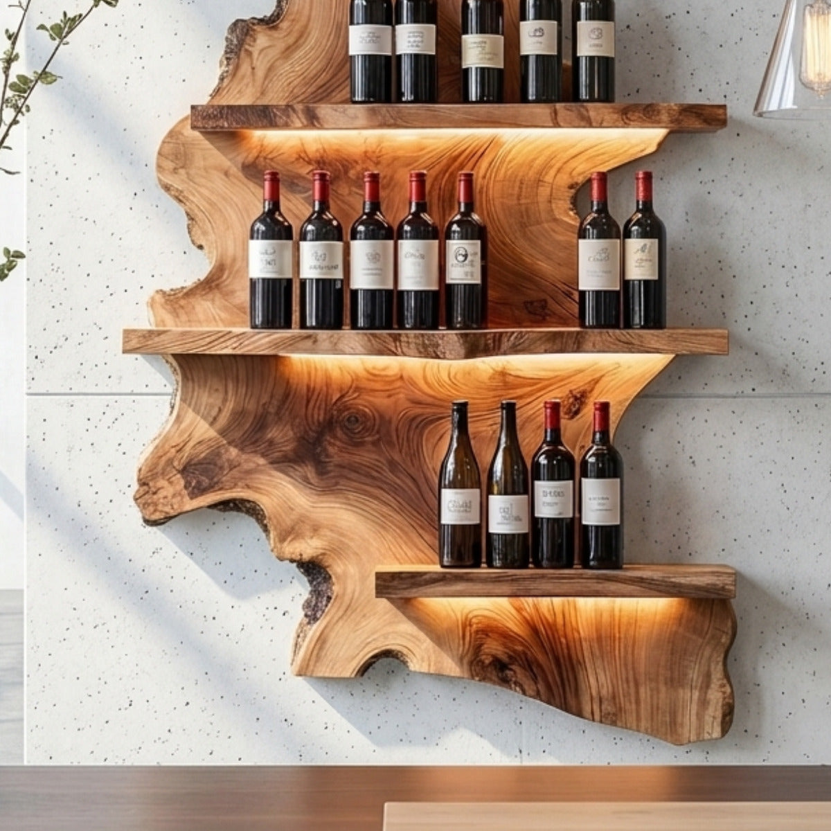 Handwerkliches Wein-Schauregal aus Holz im skulpturalen Design