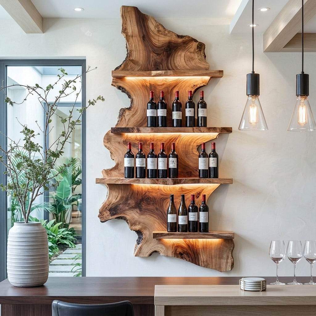 Skulpturales Wein-Schauregal aus Massivholz in einem modernen Esszimmer