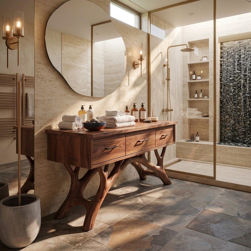 Organisch-moderner Waschtisch, gestylt in einem luxuriösen Spa-inspirierten Badezimmer