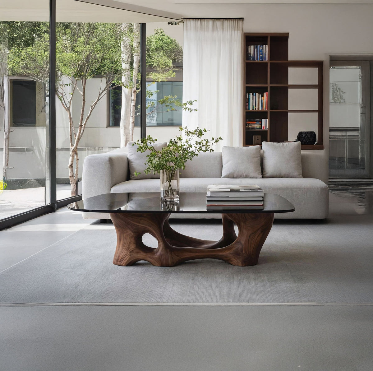 Couchtisch mit Glasplatte und skulpturalem Holzfuß, gestylt in einem zeitgenössischen Wohnzimmer