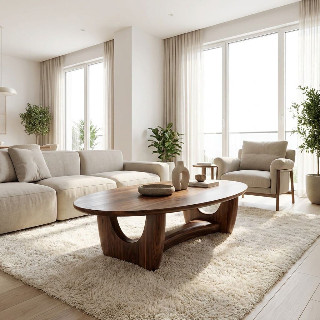 Moderner ovaler Couchtisch aus Massivholz mit fließendem Wiegenfuß für elegante Wohnzimmer