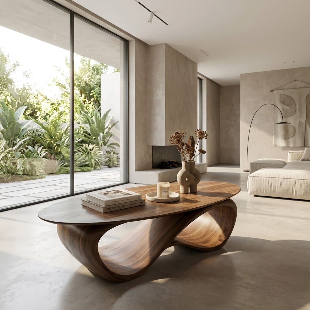 Skulpturaler ovaler Couchtisch aus Massivholz im modernen Design