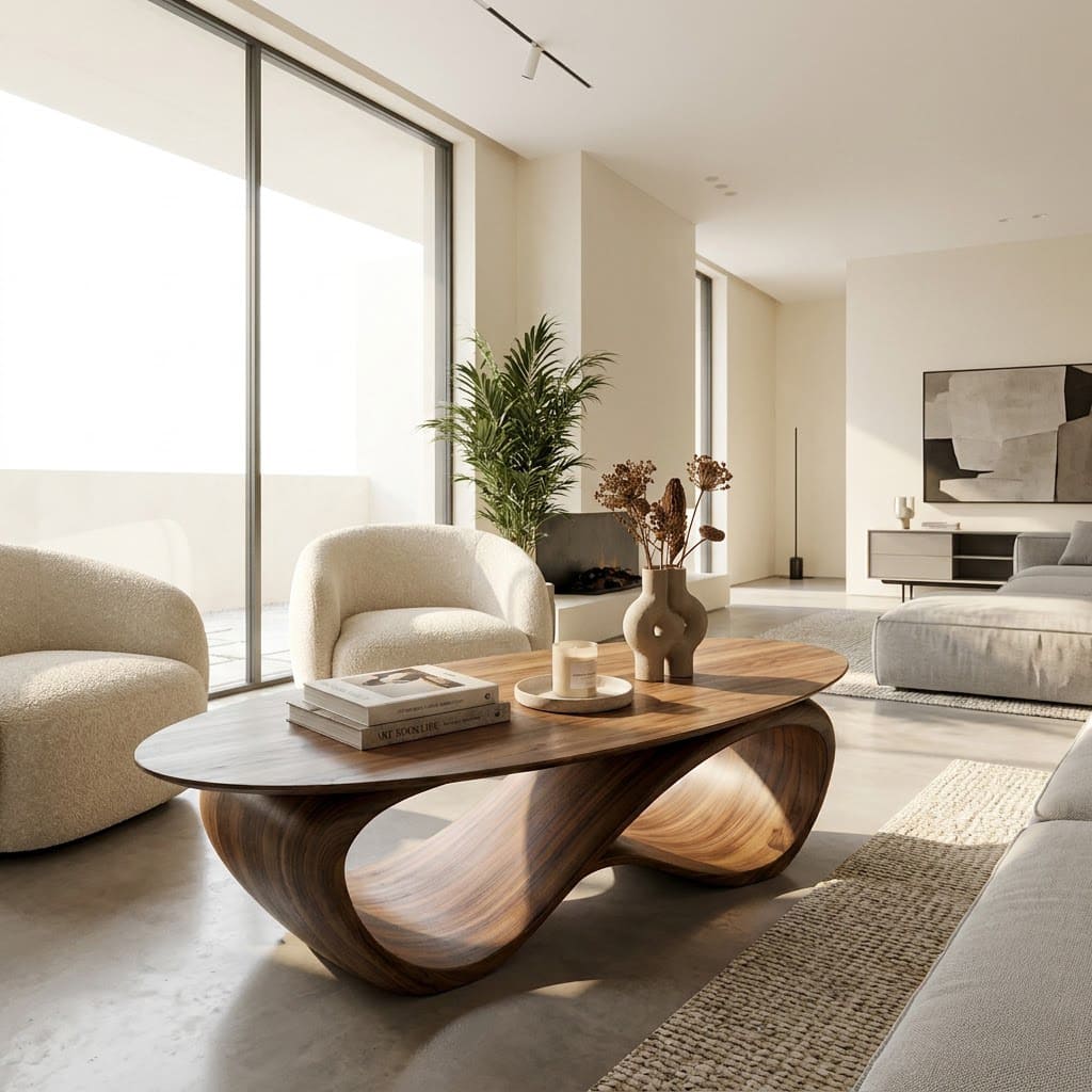 Moderner ovaler Couchtisch aus Massivholz mit durchgehendem Wellen-Säulenfuß für elegante Wohnzimmer