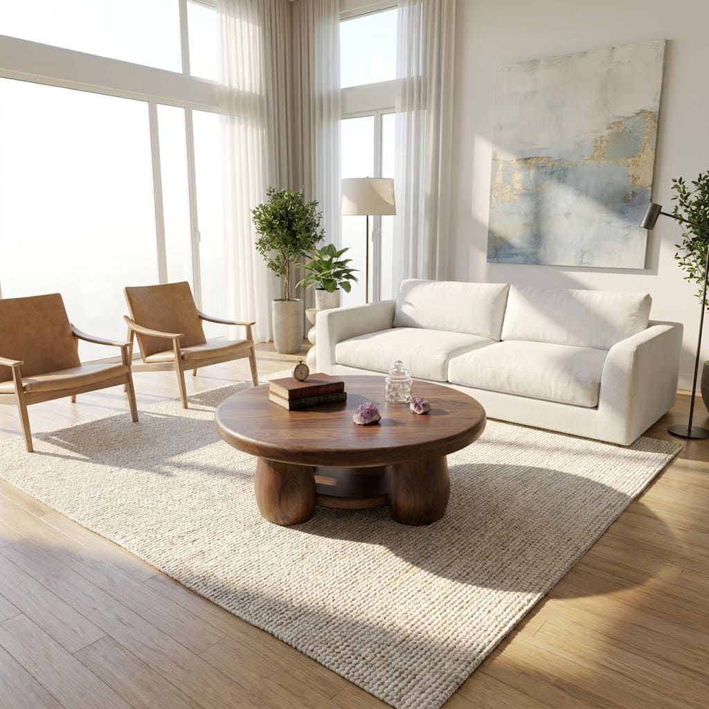 Runder Couchtisch aus Massivholz mit funktionalem unterem Fach für elegante moderne Wohnzimmer