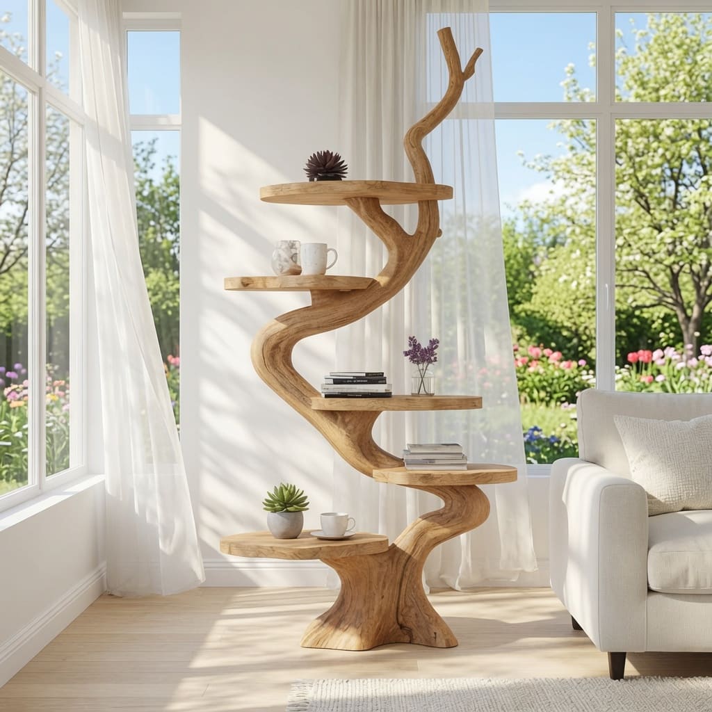 Skulpturales Holz-Schauregal in einem skandinavischen Wohnbereich