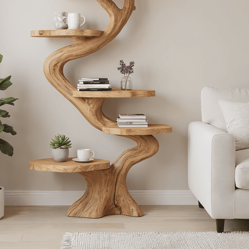 Skulpturales Bücherregal aus Massivholz im S-Kurven-Design