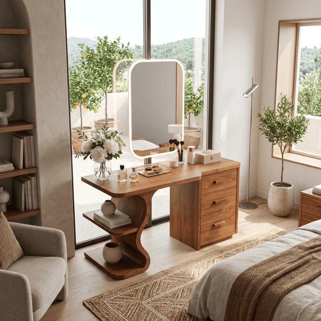 Handwerkliche Schminktisch-Konsole aus Massivholz, die eine luxuriöse Schlafzimmer-Suite aufwertet