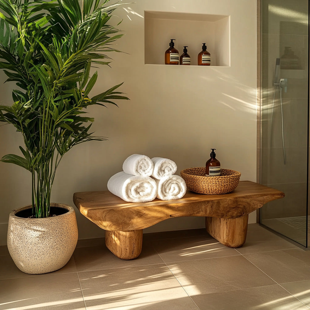 Handgefertigte Holz-Badezimmerbank, die ein Spa-inspiriertes Interieur schafft