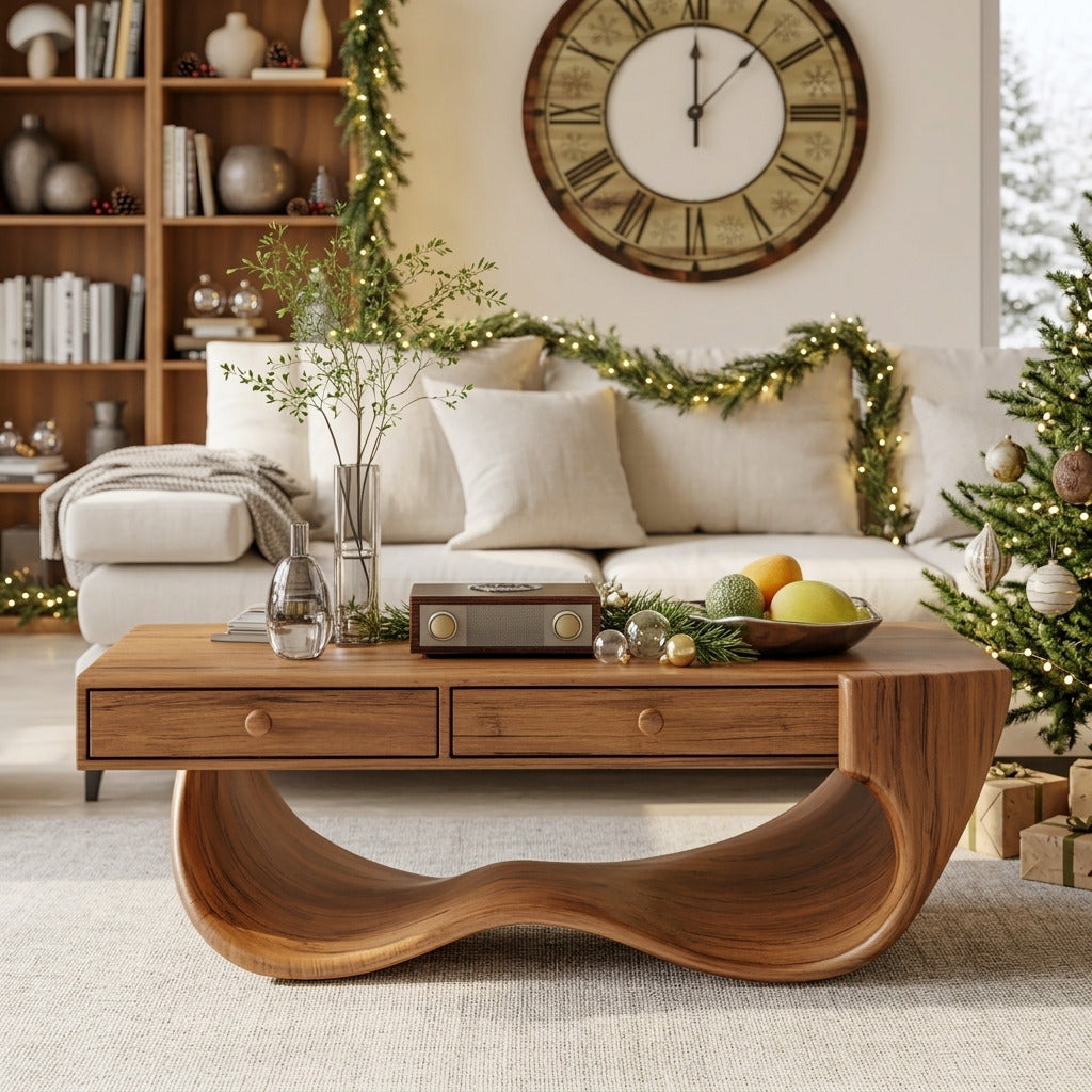 Weihnachtlich inspirierter Couchtisch aus Massivholz in einem gemütlichen festlichen Wohnzimmer