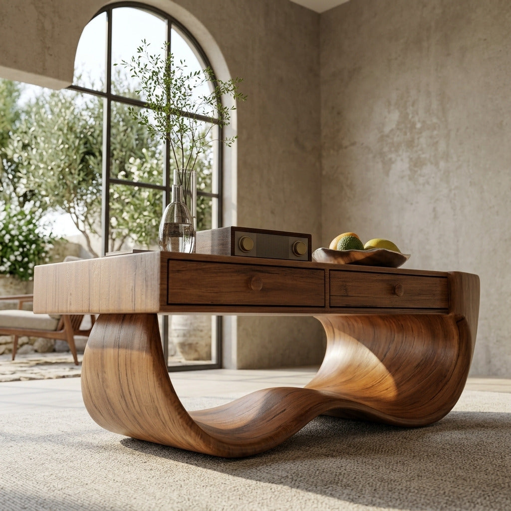 Künstlerischer Wellen-Couchtisch aus Massivholz, gestylt in einem zeitgenössischen Wohnbereich