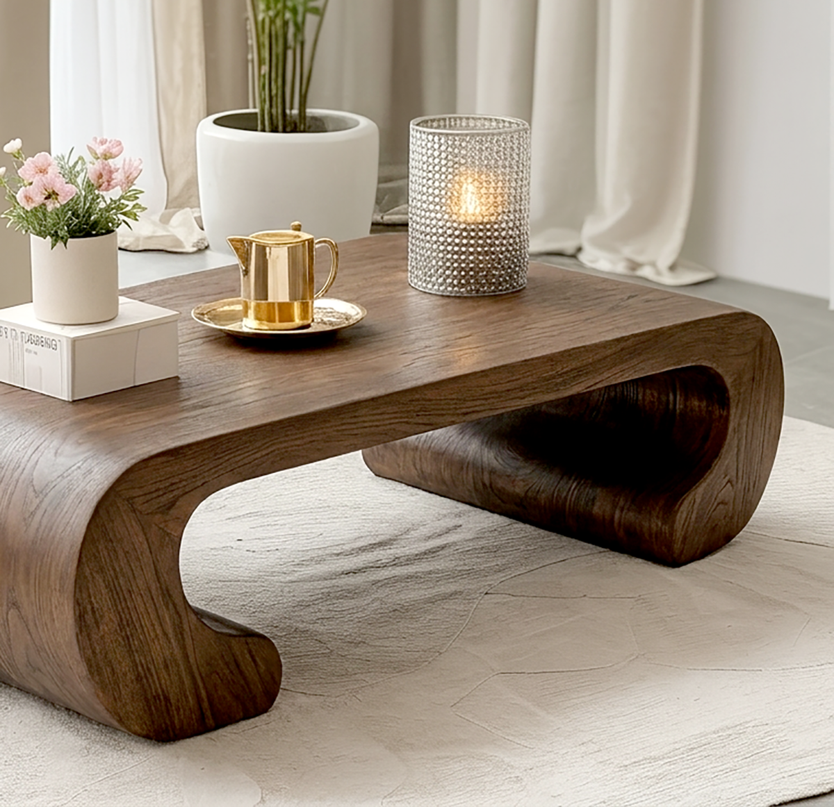 Moderner Holz-Couchtisch mit fließender geschwungener Silhouette
