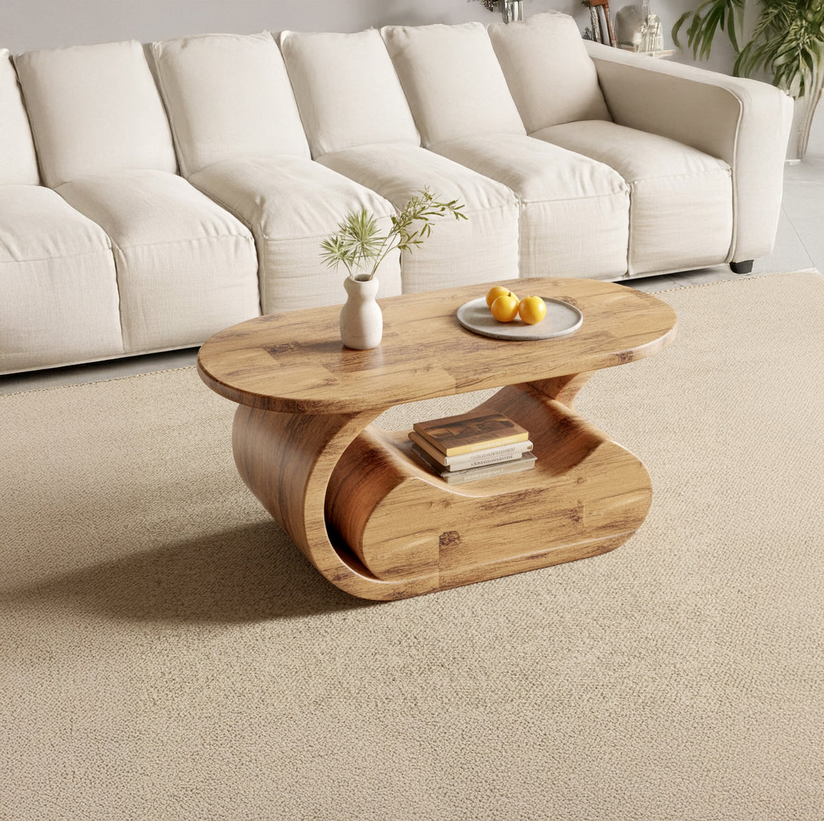 Skulpturaler Couchtisch aus Massivholz im organischen fließenden Formdesign