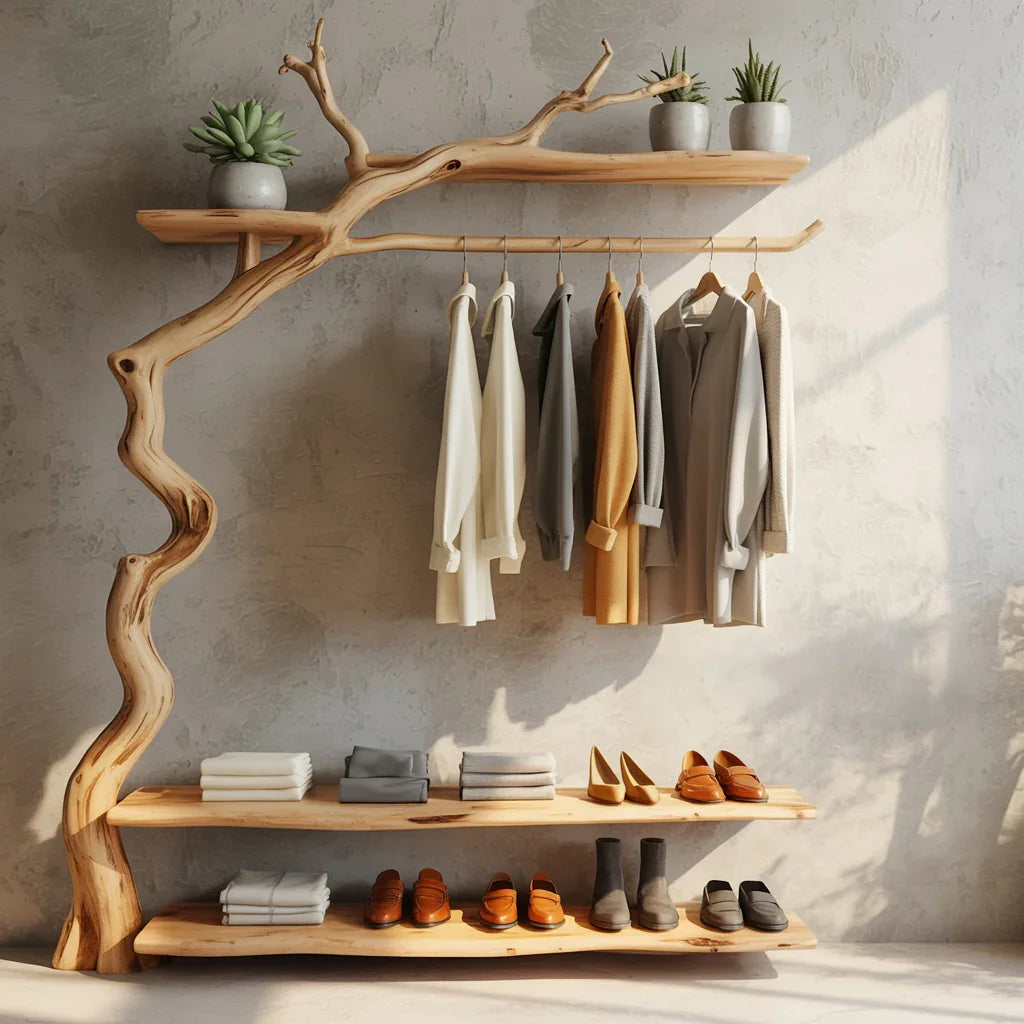 Skulpturaler Garderobenbaum aus Massivholz – Künstlerischer Ast-Kleiderständer – Einzigartige Baumkanten-Garderobe für den Eingangsbereich
