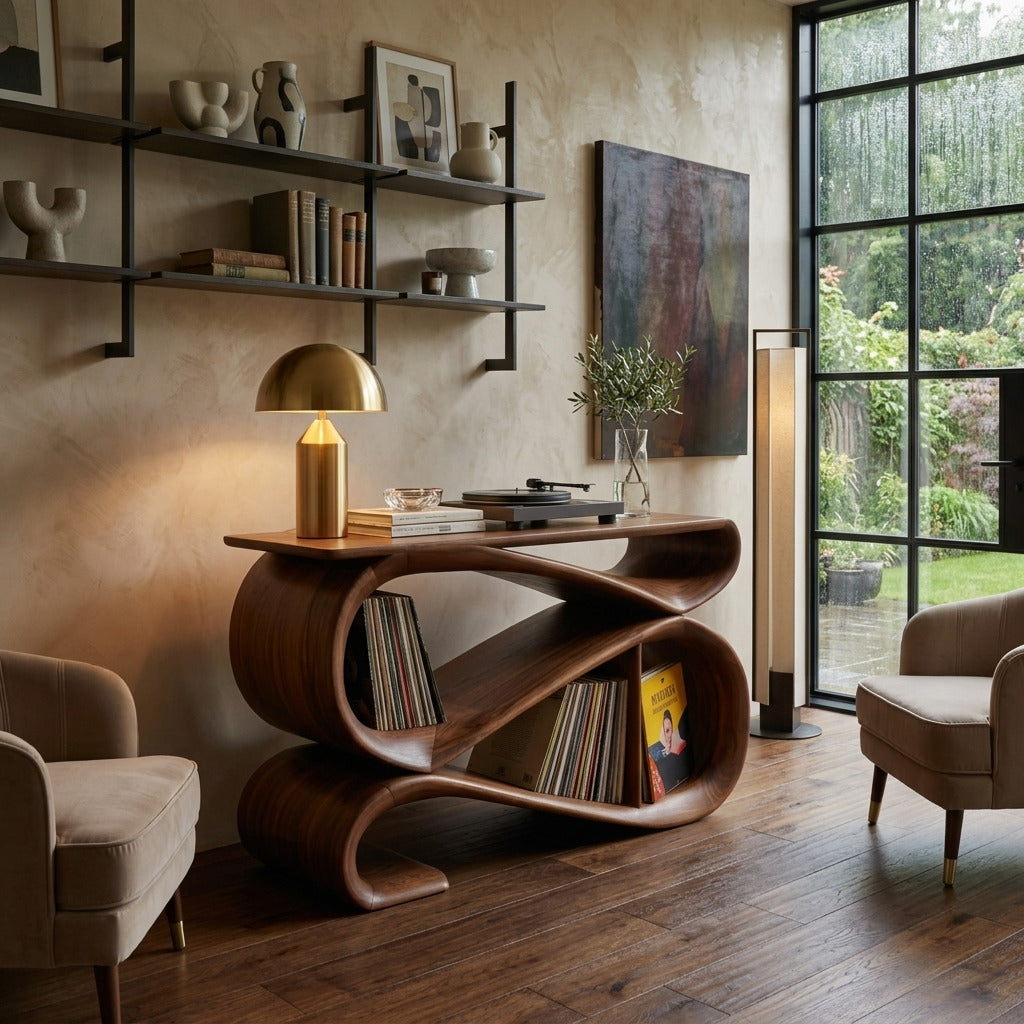 Moderne Plattenspielerkonsole aus Massivholz in einem stilvollen Zuhause
