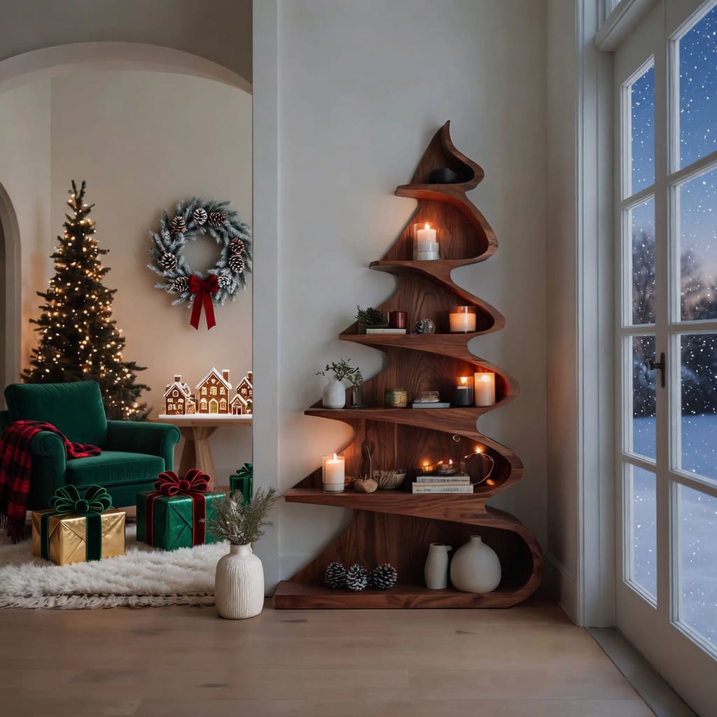 Skulpturales Baum-Bücherregal aus Massivholz in einem modernen Wohnzimmer