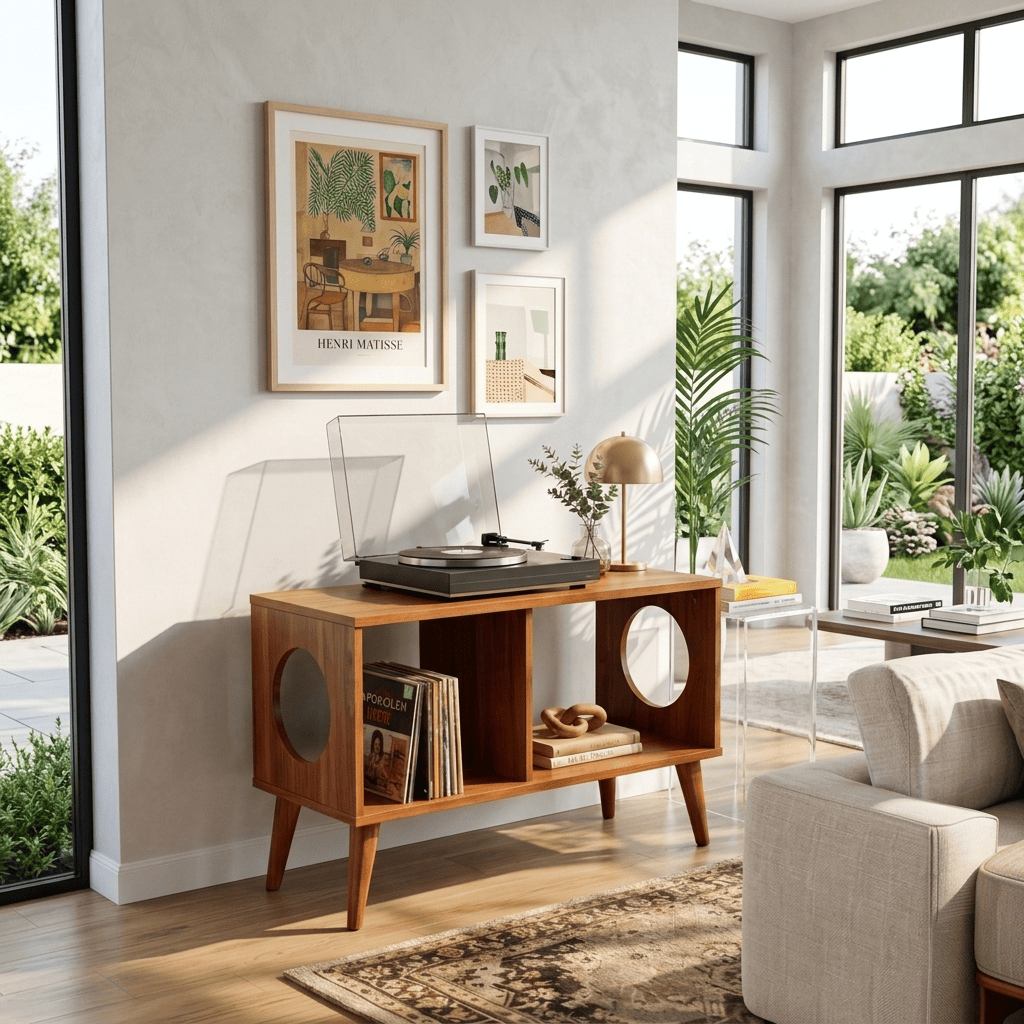 Mid-Century-Vinyl-Plattenständer aus Holz in einem modernen Interieur