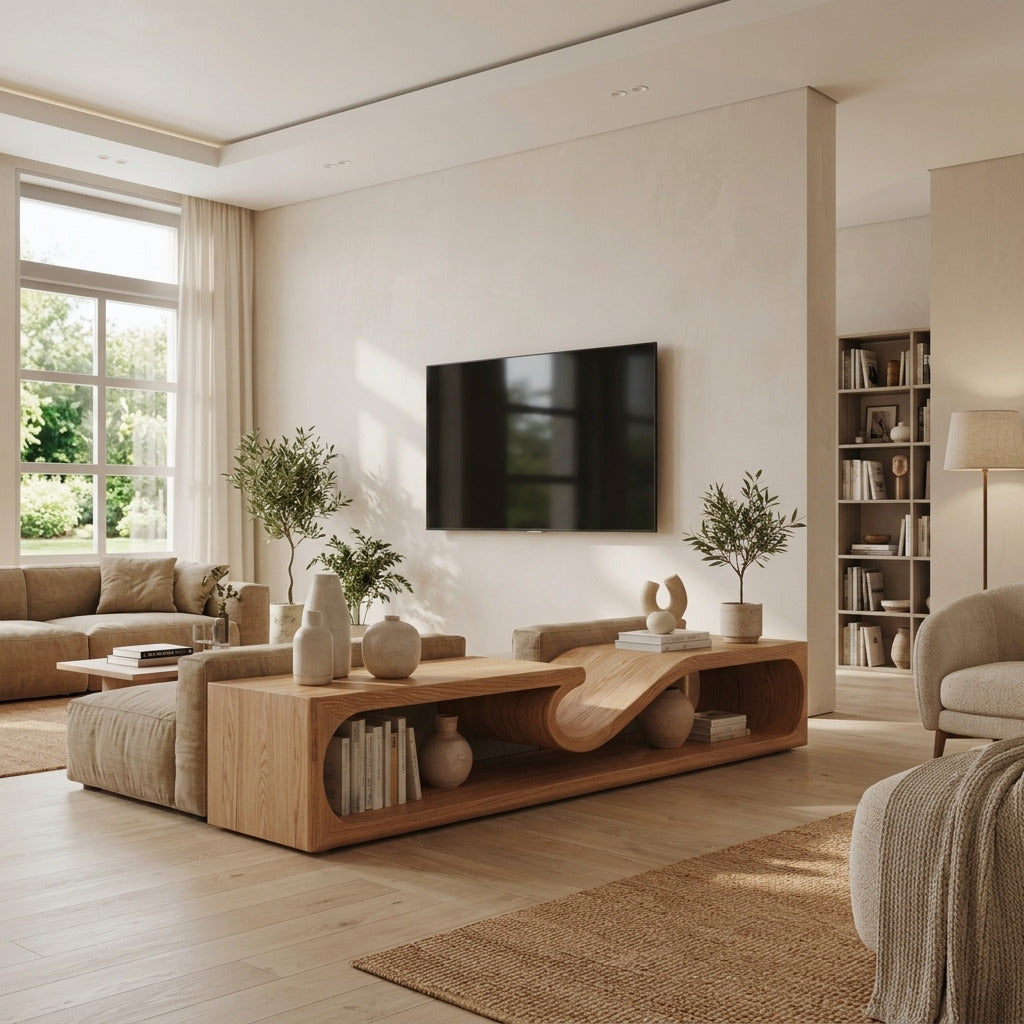 Moderne niedrige Medienkonsole aus Massivholz in einem minimalistischen Zuhause