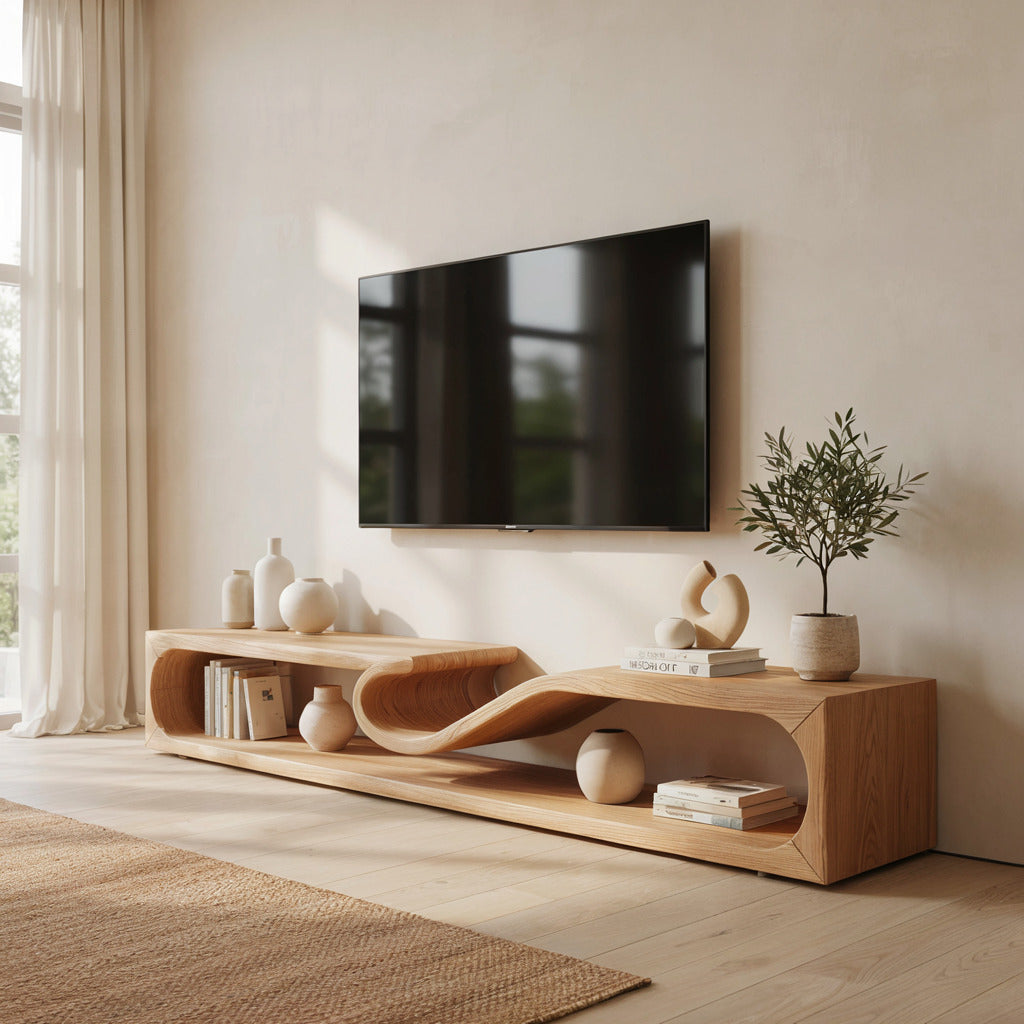 Künstlerische Wellen-TV-Konsole aus Massivholz in einem stilvollen Wohnbereich