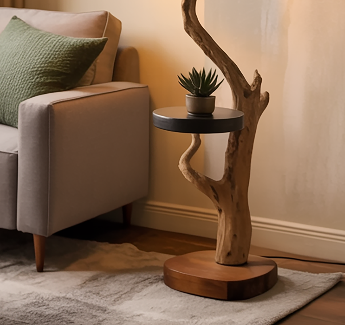 Holz-Stehlampe mit eingebautem Beistelltisch-Regal