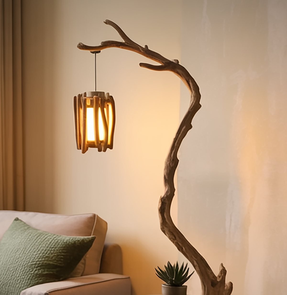 Organisch-moderne Holz-Stehlampe im natürlichen Baumdesign