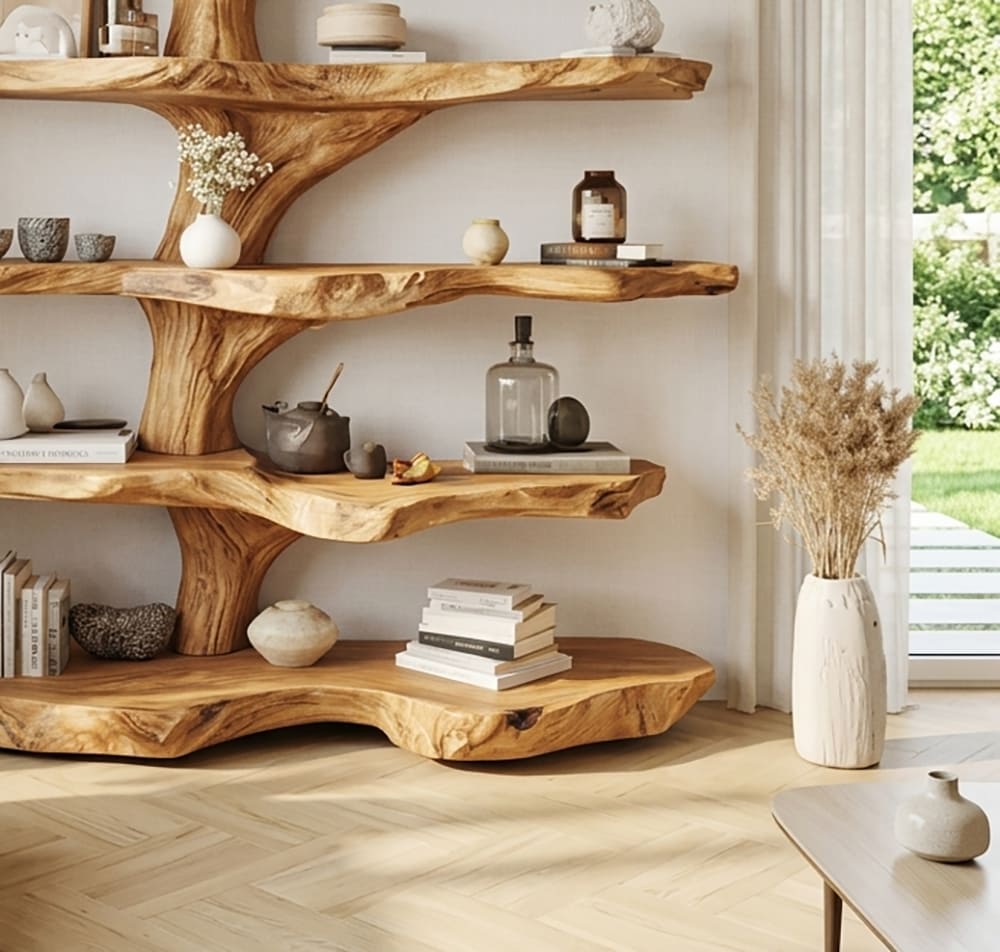 Künstlerisches Baumkanten-Bücherregal im Astdesign aus Massivholz